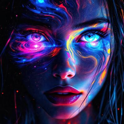 The primary subject of the image is a woman with blue eyes and a blue-pink-purple-orange-yellow-green-red-blue-purple-orange-yellow-green-red-blue-purple-orange-yellow-green-red-blue-purple-orange-yellow-green-red-blue-purple-orange-yellow-green-red-blue-purple-orange-yellow-green-red-blue-purple-orange-yellow